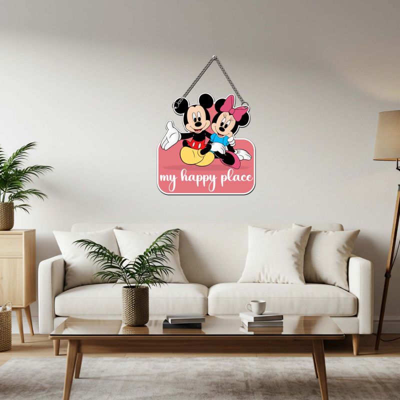 GIFTMEBAZAR My Happy Place With Mickey Mouse Cartoon Theme Wooden Wall Hanging For Home, Living Room & Office Decor Wall Art Modern Decor Item